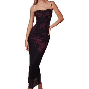 Vintage Spaghetti Floral Satin Slip Long Dress Y2k Cami Bodycon Dresses size S